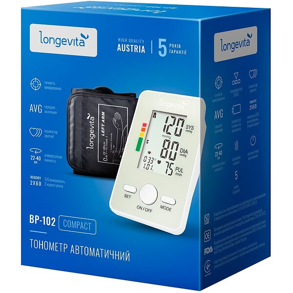 Тонометр автоматичний Longevita  BP-102 з манжетою 22-42 см. + пам'ять для 2-х (Австрія)