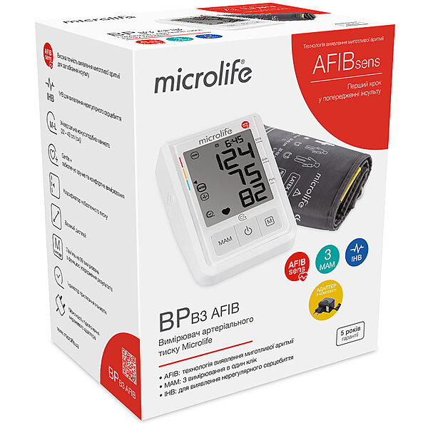 Характеристики Тонометр автоматичний Microlife BP B3 AFIB (Швейцарія)