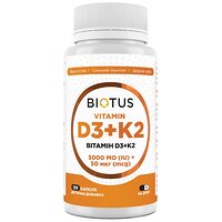 Вітаміни D3+К2, Vitamins D3+K2, 5000 МО/50 мкг, 120 капсул, Biotus (Україна)