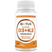 Вітаміни D3+К2, Vitamins D3+K2, 1000 МО/50 мкг, 120 капсул, Biotus (Україна)