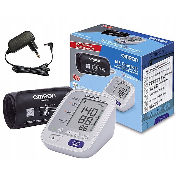 Характеристики Тонометр автоматичний Omron M3 Comfort (HEM-7134-ALRU) з манжетою Intelli Wrap + адаптер S