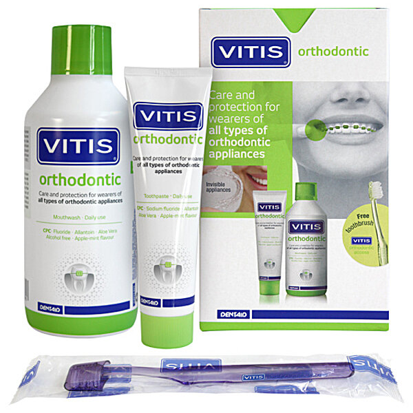 VITIS ORTHODONTIC НАБІР: зубна паста 100 мл + ополіску 500 мл + щітка V.ORTHODONTIC в подарунок DENTAID (Іспанія)