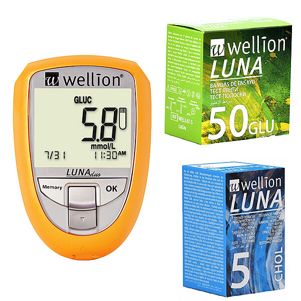 Акційний набір Глюкометр Wellion Luna Duo + тест - смужки №50 шт . ( глюкоза) + тест - смужки №5 ( холестерин )
