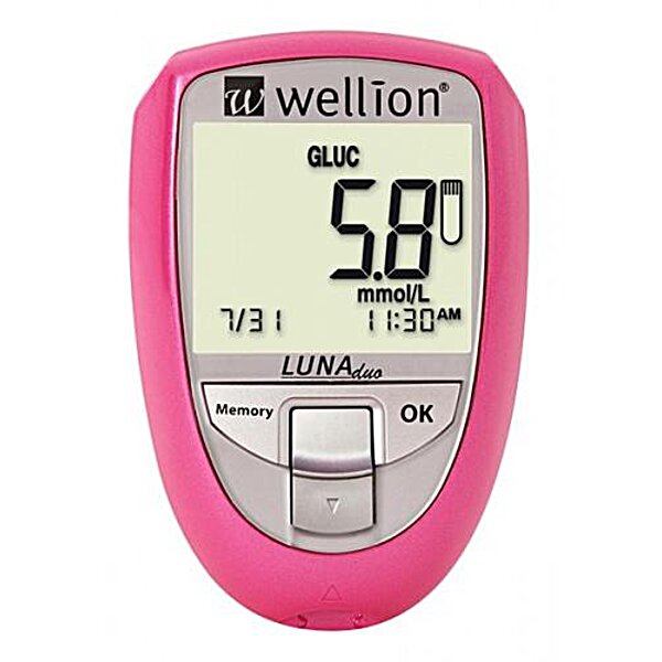 Характеристики Акційний набір Глюкометр Wellion Luna Duo + тест - смужки №50 шт . ( глюкоза) + тест - смужки №5 ( холестерин )