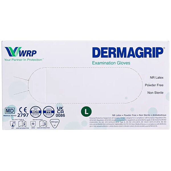 Рукавички оглядові Dermagrip High Risk латексні, без пудри, нестерильні, 50 пар (100 шт), розмір L (Малайзія)