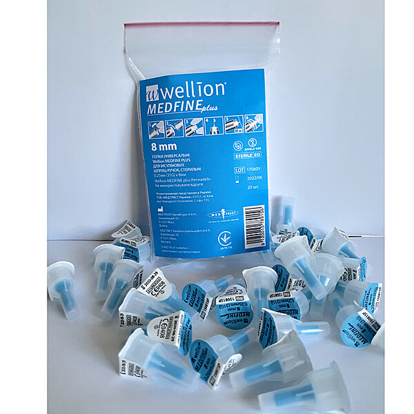 Универсальные иглы Wellion MEDFINE plus для инсулиновых шприц-ручек 8мм ( 31G x 0,25 мм) 20 шт