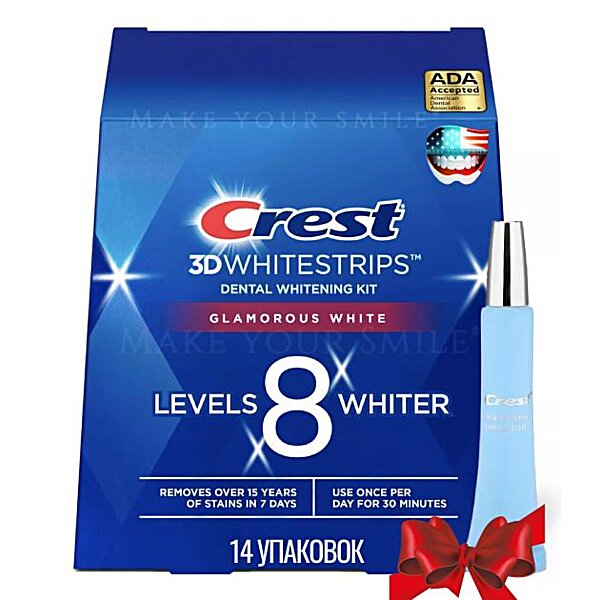 Отбеливающие полоски для зубов Crest 3D White Glamorous Whitestrips 14 упаковок, 28 полосок & Отбеливающая эмульсия Сrest Whitening Emulsions 10 g