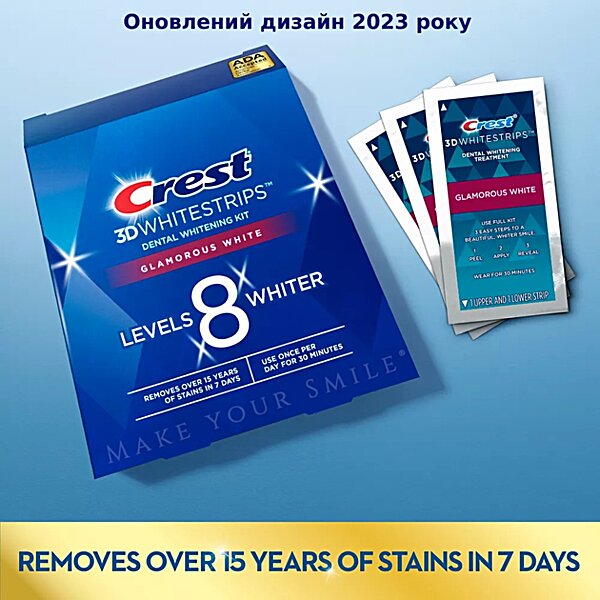 Купить Отбеливающие полоски для зубов Crest 3D White Glamorous Whitestrips 14 упаковок, 28 полосок & Отбеливающая эмульсия Сrest Whitening Emulsions 10 g